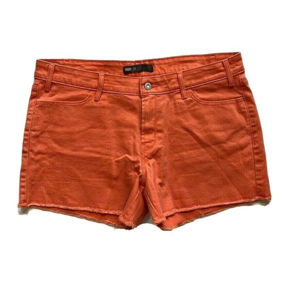 Levi's Cut Off Jean Denim Shorts Womens 16 (36) Stretch Distress Raw‎ Hem Orange - Picture 1 of 12